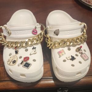CROCS White with Gold Chain and Charms